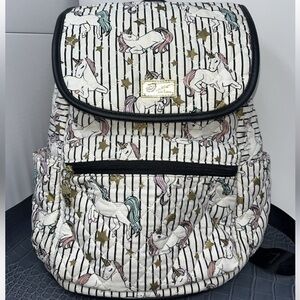 Betsey Johnson UNICORNS Front Flap Backpack Black White Stripe Gold Stars
